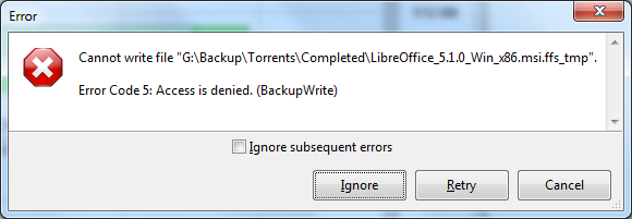 Error Code 5: Access is denied. (BackupWrite) error message