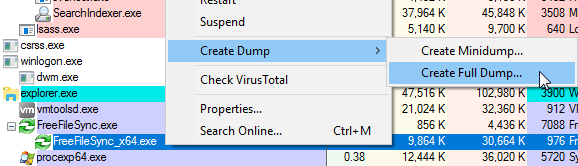 Create dump file with Process Explorer